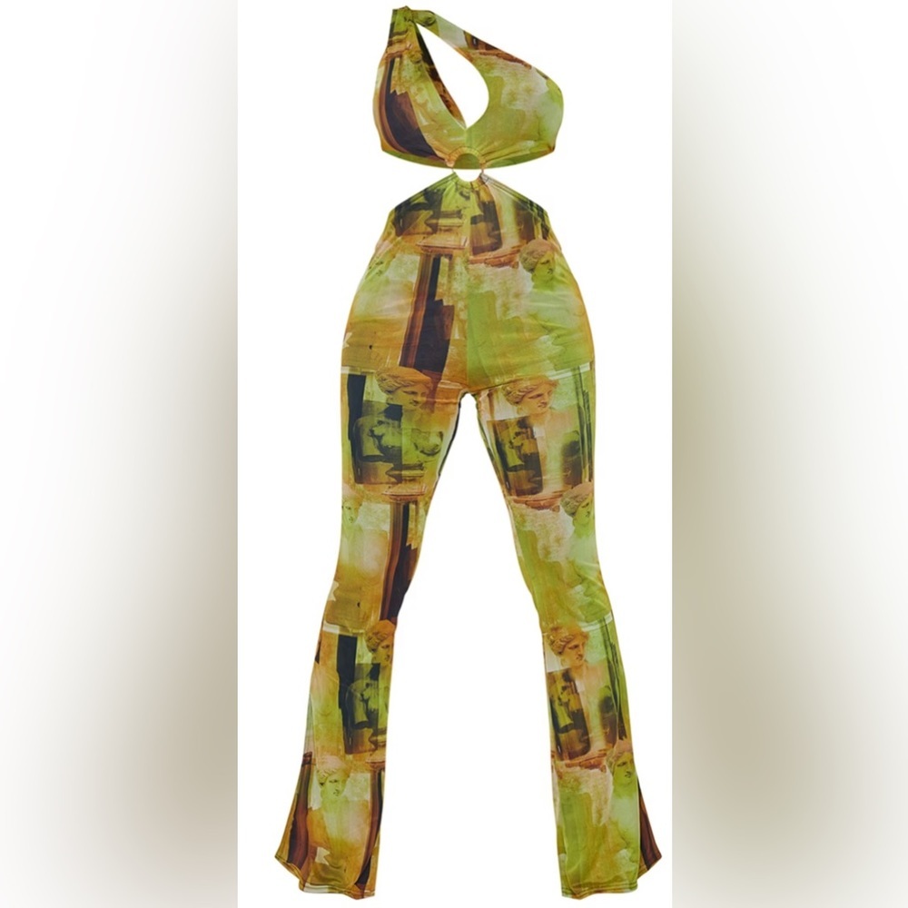 Shape Olive Renaissance Print Mesh One Shoulder Ring Detail Jumpsuit